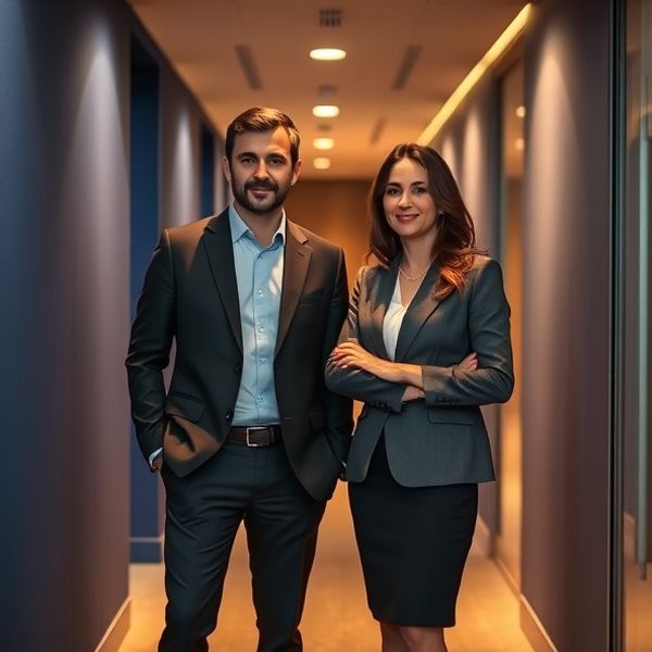 Doi consultanți profesioniști într-un birou modern din Galați cu perete accent indigo